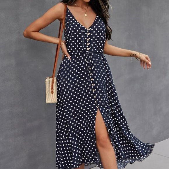 Button down Drawstring Waist Polka Dot Cami Dress - Picture 4 of 6